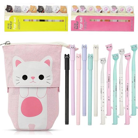 Söt katt-stationär set, canvasväska, pennor, anteckningar