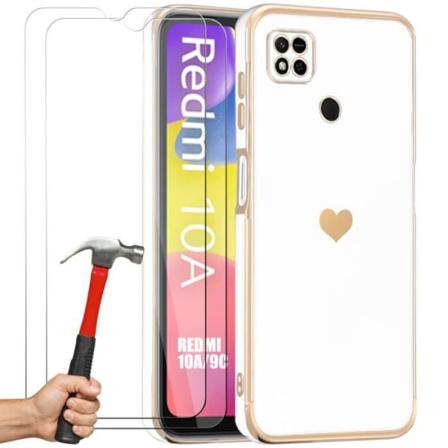 Fodral till Xiaomi Redmi 10A - Redmi 9C White Heart Pattern + 2 härdat glas Stötsäkert Anti-Scratch