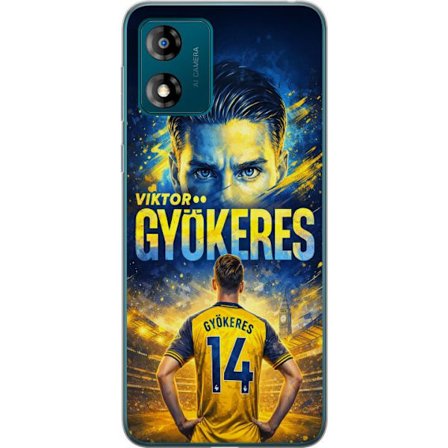 Kompatibelt Mobildeksel til Motorola Motorola Moto E13 Viktor Gyökeres fotballplakat i gult og blått med dramatisk stadionbakgrunn, sportillustrasjo