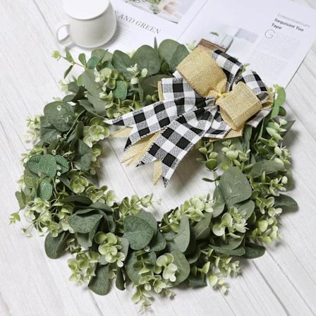 Kunstig Eukalyptuskrans Sommer Grønn Velkomstkrans Rutete Sløyfe Dørkrans Kunstig Planteggirlander For Verandadekoration