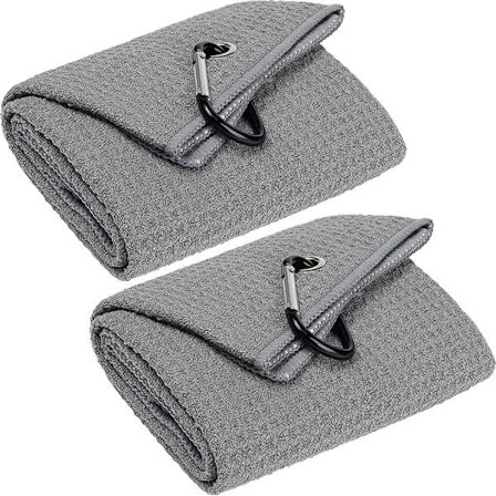 2-pack Tri-fold golfhanddukar, premium mikrofibertyg våffelstruktur med svart kraftig karbinhake