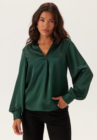 BUBBLEROOM - Satin Puff Sleeve Blouse - Green