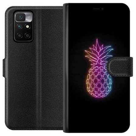 Kompatibelt Plånboksfodral till Xiaomi Xiaomi Redmi 10 Neonillustration av ananas i färgglatt ljus mot svart bakgrund