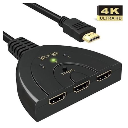4K, HDMI-switch med 3 porte, HDMI-separator, HDMI-switch understøtter 4K - Full HD1080p - 3D med højhastighedskabel