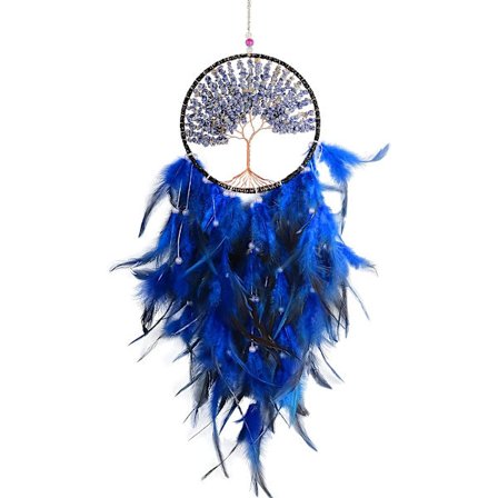 Håndlavet Drømmfang, Livets Træ Drømmfang med Blå Fjer