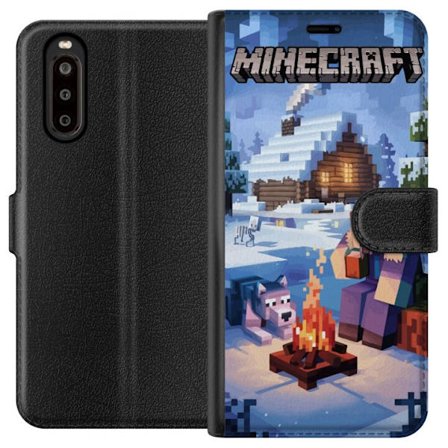 Kompatibelt Plånboksfodral till Sony Sony Xperia 10 II Minecraft vintermotiv med Steve, varg, lägereld och snöig stuga spelinspirerad illustration
