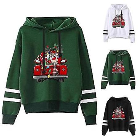 Dam Hoodie med Julmönster, Dubbel Bar Färgblockering, Långärmad, Huva (XL Vit)
