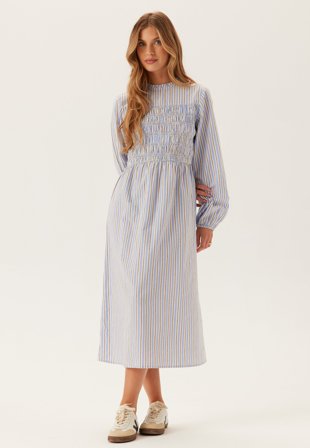 BUBBLEROOM - Smock Cotton Dress - Blue/Striped