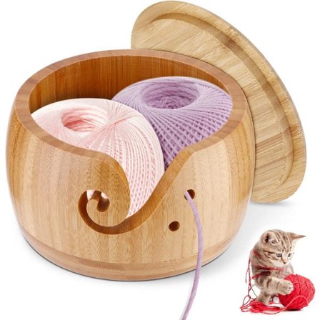 Strikkeskål i træ, strikkeskålholder, uldopbevaringsskål, strikkeskål i bambus med låg og elegant design, uldholderorganisator