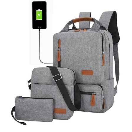 3-delad Ryggsäck med USB-port - Oxfordtyg, Resväska, Laptopväska, Praktisk och Mångsidig_OF