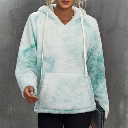 Kvinnor Dragstring Tie Dye Fuzzy Fleece Tröja Med Huva