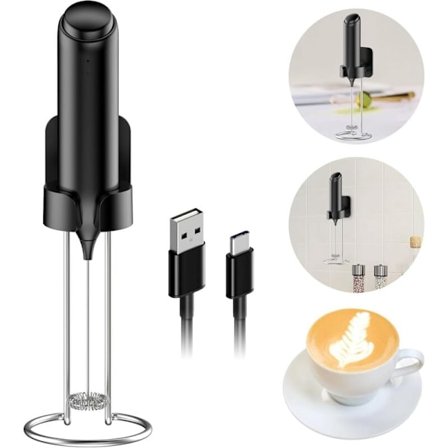 USB-C Oppladbar Elektrisk Melkeskummer med Stativ i Rustfritt Stål, Kompatibel med Kaffe, Latte, Cappuccino - Veggmontert