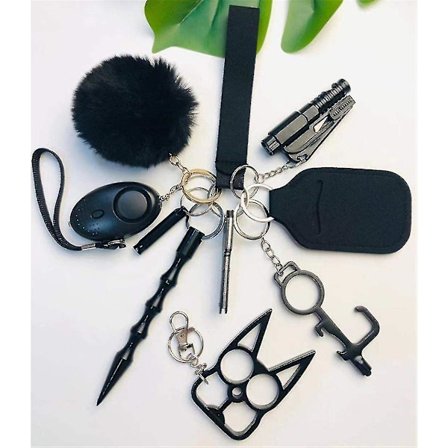 1 helt sæt selvforsvars nøglering sæt til kvinder sikkerhed personlig alarm bærbar nøglering (sort) voksen unisex
