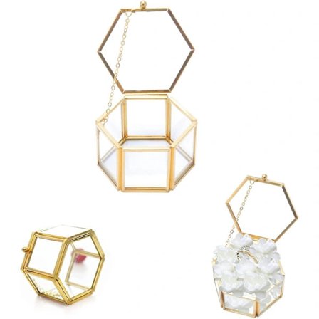 Hexagonalt Smyckeskrin i Glas, Geometriskt Smyckeskrin, Guld Geometriskt Smyckeskrin, Klart Smyckeskrin i Glas