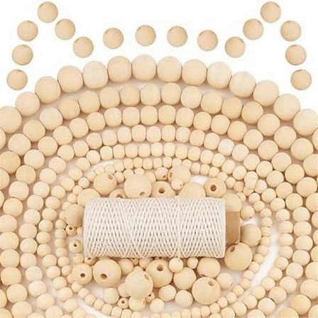 Træperler til håndarbejde, træperler guirlande boligindretning macrame kit runde træperler egnet DIY smykkefremstilling gaver