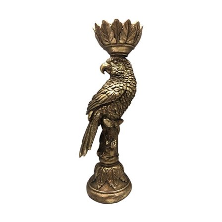 Papukaija kynttilänjalka, kultainen polyresiini, 13x10x35 cm