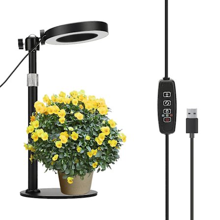Bærbar LED-vekstlampe med fullspektrum, timer og USB-ring