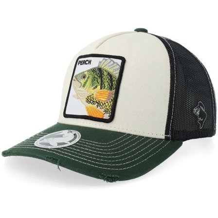 Skillfish - Vit trucker Keps - Perch Pro Fishing Distressed Off White/Black/Green A-frame Trucker @ Hatstore