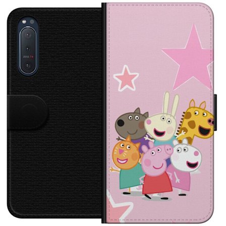 Yhteensopiva Lompakkokotelo Sony Xperia 5 II Peppa Possu ja ystävät kerääntyneinä tähtien kanssa vaaleanpunaisella taustalla, värikäs lasten k
