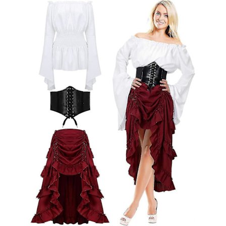 Piratkostyme for kvinner, renessansebondebluse med korsettbelte og skjørt [YDE]