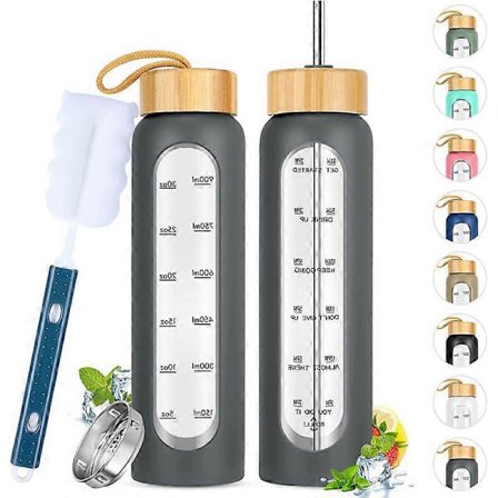 94 cl Glasvattenflaska med Tidsmarkering - 1000ml Stor Vattenflaska med 2 Bambulock, Förseglad & Hål för Sugrör