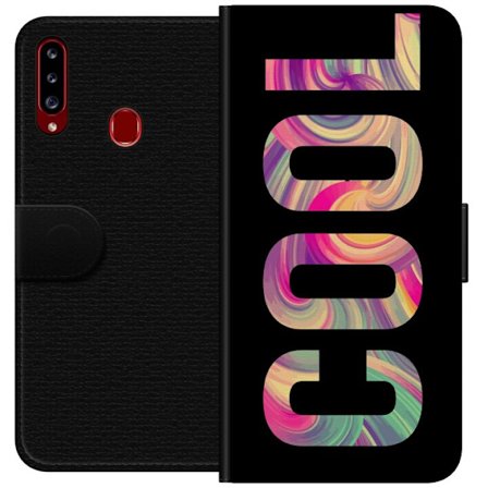 Kompatibelt Plånboksfodral till Samsung Samsung Galaxy A20s Modern typografisk konst med ordet LOVE i flytande regnbågsfärger mot svart bakgrund me