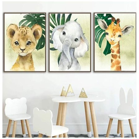 3 Poster Animal Safari Jungle Giraffe Lion Elephant Palm Tree Väggkonst 30x40
