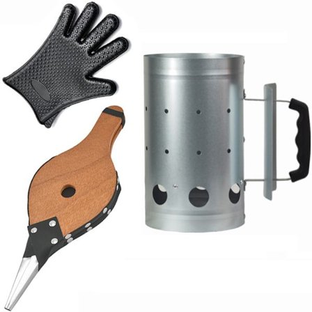 Udendørs grill hurtig kul skorsten ildstarter sæt, en silikone varmeisolerende handske, ildstarter spand, manuel blæser, grillværktøj