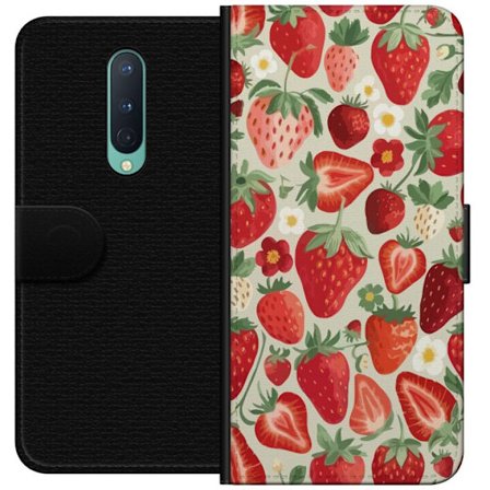 Kompatibelt Lommeboketui til OnePlus 8 Dekorativt mønster med røde jordbær, grønne blader og små blomster