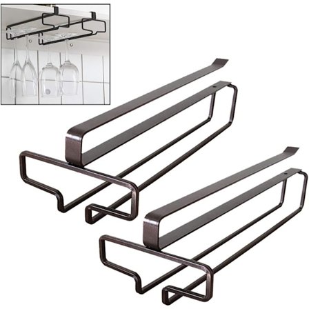 Hængende vinglasholder i metal, vinglasstativ til montering under skab, kan rumme op til 4 glas, 2 stk., brun