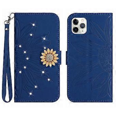 Kompatibel med iPhone 11 Pro Max Präglad Solros med Diamanter Magnetisk Korthållare Plånbok Telefonfodral med Kort Rem - Blå