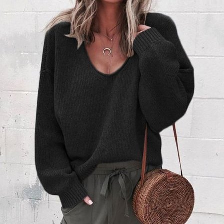 Ensfargede strikkegensere for kvinner Casual løs V-hals genser Svart