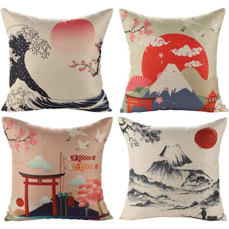 Japansk Fuji Ukiyo-e putetrekk i putevar Sofa Bil Hjem Seng Dekor 45 x 45cm, 4-delt sett (Japansk stil A), Putetrekk