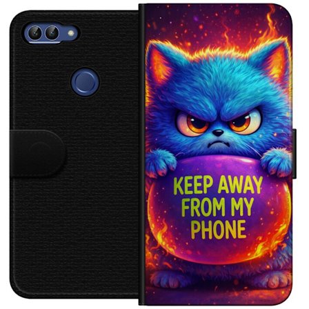 Yhteensopiva Lompakkokotelo Huawei Huawei P smart Vihainen pörröinen sininen kissa, jossa teksti "Pidä loitolla puhelimestani" neonväreillä ja tu