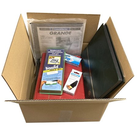 Rodekasse med tilbehør til frimærkesamlere