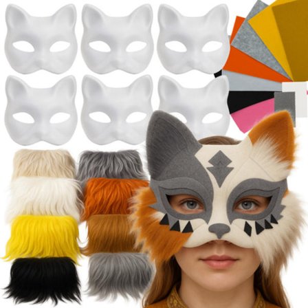 DIY-kattmasker 6-pakning med filt, kunstpels og dekorasjoner – Therian hobbysett for barn, fester og maskerader