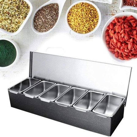 Ingrediensbeholder i rustfrit stål 6 indsatser ingrediensboks krydderibokse catering