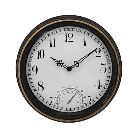 Vanntett utendørs veggklokke med termometer IP44 Vintage rund hagedekor klokke 12 tommers utendørs klokke