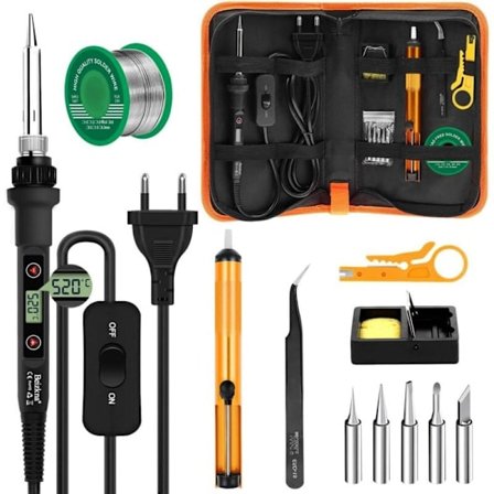 80W loddekolbesæt med LCD justerbar temperatur 180-520°C, 5 spidser, 50g loddetråd, stativ, afisoleringspumpe, pincet