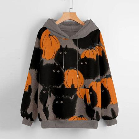 Dam Pumpa Print Toppar Dragsko Långärmad Pullover Hoodies