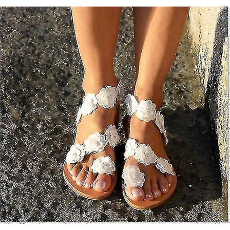 Damsandaler med spets, snygga vita platta sandaler, sandaler, lädersandaler 42