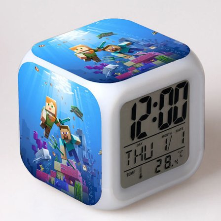 Multifunksjonell digital vekkerklokke LED Minecraft-klokke fargeendring-1-søt med lyse LED-lys og Minecraft-klistremerke, god gave til barna dine