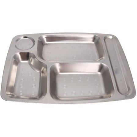 Ruostumattomasta teräksestä valmistettu viisi osaa sisältävä lautanen, jaettu lounasasti