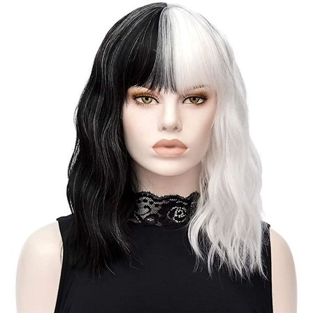 Svart vit peruk - Dam syntetisk halv svart halv vit vågig cosplay kort peruk