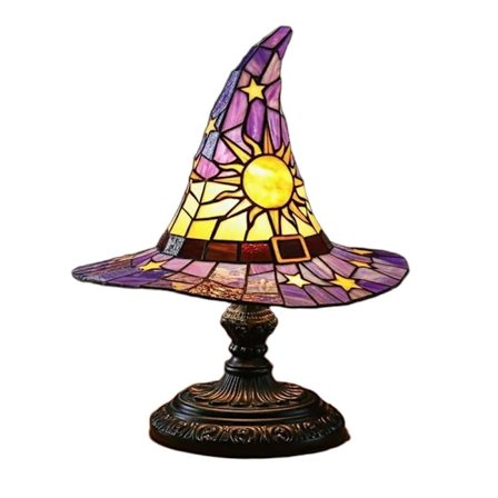 QQ-Häxhattslampor - Handgjorda gotiska trollkarlshattlampor i målat glas för dekor, lampa med självlysande figurin för sovrum Lila