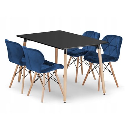 VALORA YURO rektangulärt bordsset 120x80 svart + 4 WAKO marinblå stolar