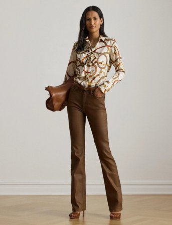 Lauren Ralph Lauren Classic Fit Print Twill Tie-Neck Shirt - Beige - M