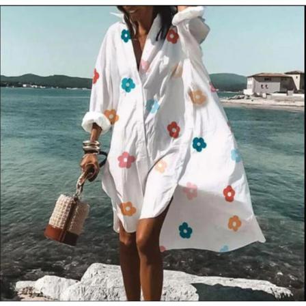Casual Single Lös Lapel Medellång Skjorta Klänning Summer Holiday