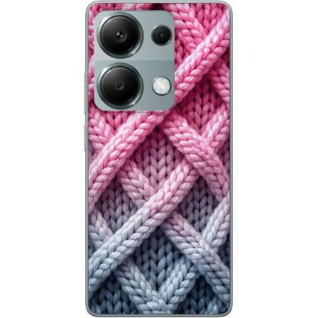 Yhteensopiva Puhelinkuori Xiaomi Redmi Note 13 Pro 4G Lähikuva kudotusta tekstiilikuviosta vaaleanpunaisissa, harmaissa ja valkoisissa sävyissä, joiss