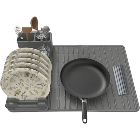 Silikone Opvaskestativ, Sammenklappeligt Pladsbesparende Afløbsstativ med Tørremåtte til Køkkenbordplade, Vask Organisering og Redskabsopbevaring